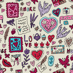 Love letters. Seamless pattern for Valentine's Day. Vector background with symbols of lovers. Hearts, messages, correspondence.