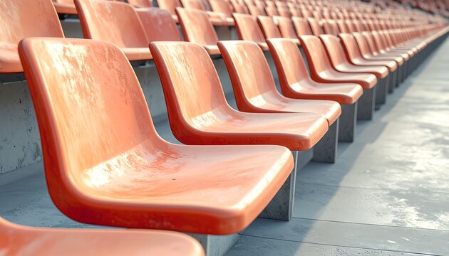 Empty orange stadium seats in a row, minimalist style, sunlight shadow, outdoor sports venue atmosphere, nobody in the bleachers, modern design, vibrant color, bleacher seating, sport event,