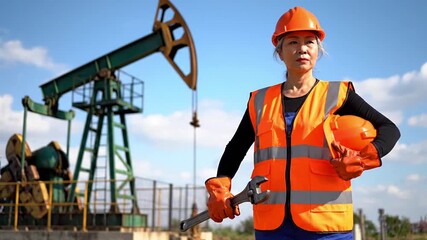 Confident female oil and gas engineer in safety gear holding a wrench at an oil field pumpjack, representing skilled labor, energy industry, women in STEM, and industrial operations.