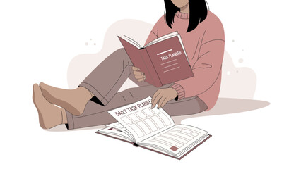 Woman Planning Daily Tasks in Planner Book, Organizing Schedule