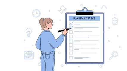 Woman planning daily tasks on checklist clipboard with icons of time, idea, calendar, magnifying glass