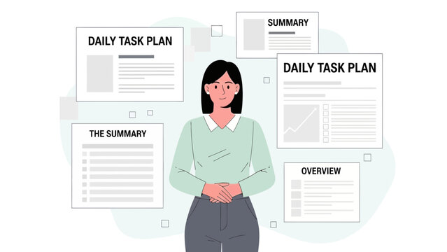Woman planning daily tasks and summarizing information for business strategy