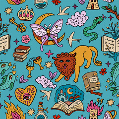 Fairytale vector background. Lion and books, fairytale characters. Design for teenagers and children. Heart and magic. Seamless pattern with tarot and astrology.