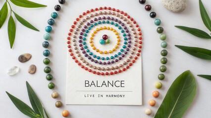 Colorful arrangement of beads and stones symbolizing balance and harmony with greenery and a motivational quote