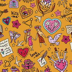 Seamless fairytale vector pattern with elements of tarot and astrology. Heart and stars. Esoteric-themed backdrop. Bright design for teenagers and children