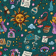 Seamless fairytale vector pattern with elements of tarot and astrology. Heart and stars. Esoteric-themed backdrop. Bright design for teenagers and children