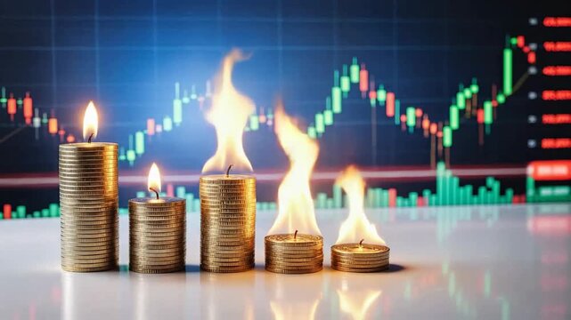Stacks of coins arranged in a decreasing order with burning candles, financial chart background.