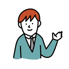 手のひらを広げて案内する企業で働くビジネスマン　イラストアバター