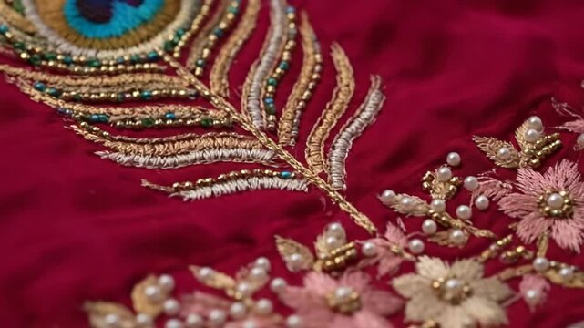 Traditional Indian Zari Work Peacock Feather Embroidery on Red Silk Fabric