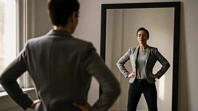 Confident person standing in front of a mirror to reflect on self-awareness and personal development.