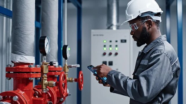 Engineer using a mobile app for smart factory automation and IoT system monitoring, enhancing industrial plant management, operational efficiency, and predictive maintenance with digital technology.