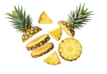 Vibrant whole pineapple, slices, and wedge artfully suspended against a transparent background with copy space, soft lighting, sharp focus, showcasing tropical freshness concept
