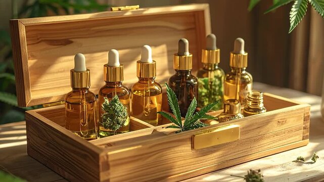 Assortment of cbis oil bottles displayed in a wooden box, showcasing natural medicine.