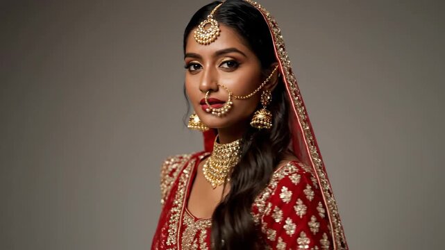 Elegant Indian Bride Adorned in Red Lehenga and Traditional Gold Jewelry