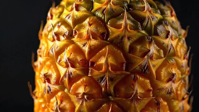 Close-up of a ripe pineapple with its textured skin against a dark background.