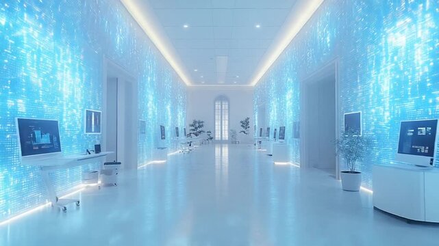Futuristic digital hallway with glowing blue walls