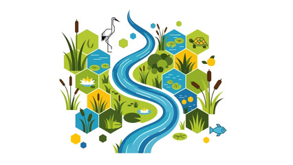 Obraz premium Winding River Surrounded by Lush Greenery Illustration.