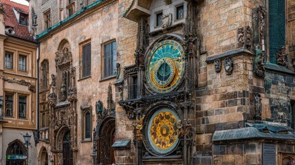 Obraz premium A stunning view of an intricate astronomical clock on a historic building, showcasing detailed craftsmanship and vibrant colors in a charming urban setting.