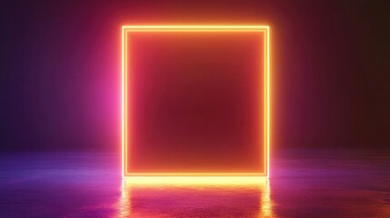 Neon square frame glowing with yellow light on pink and purple background. Night club urban concept