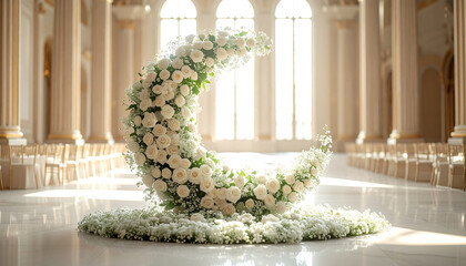 wedding floral arch shaped as a crescent moon adorns an elegant grand hall with rows of chairs prepared for a luxurious event ceremony