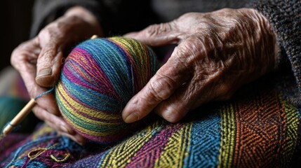 An elderly person holds a colorful yarn ball, showcasing intricate handwork and vibrant patterns on their clothing, reflecting a rich craft tradition.