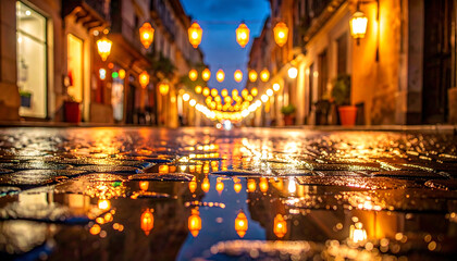 wet cobblestone street at night reflecting hanging lanterns creating a glowing urban pathway ideal for historical travel and city exploration themes