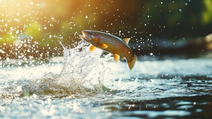 Fototapeta premium Rainbow trout jumps from water at dawn looking for bait in a river with splashes and space for text above