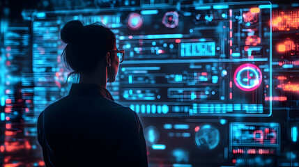 A woman in a futuristic setting surrounded by neon lights and digital screens