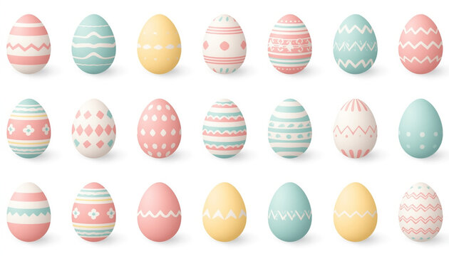A collection of colorful Easter eggs with various patterns and designs on a white background
