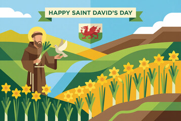 Illustration celebrating Saint David's Day with daffodils and Welsh symbols.