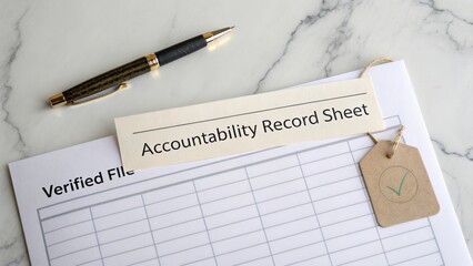 Workspace with Accountability Record Sheet, Pen, Tag, and Marble Surface for Productivity and Organization