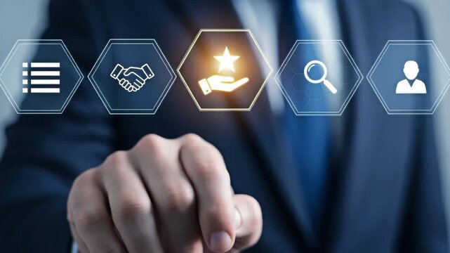 A business man touching a digital user interface for the concept of technology and management.