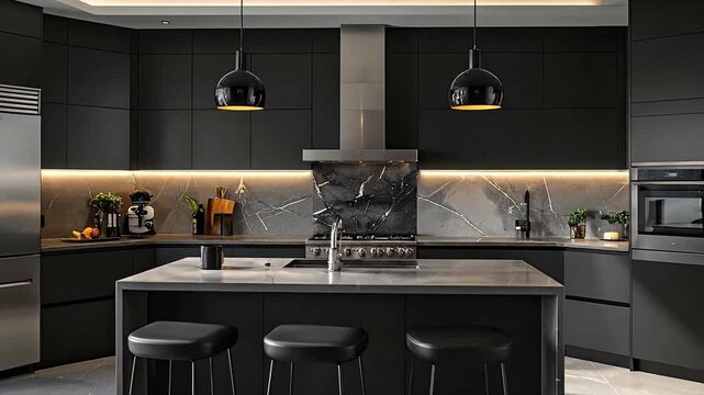 Sleek modern kitchen design featuring dark cabinetry, marble backsplash, and stainless steel appliances.