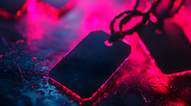 A close-up of blank metal dog tags on a chain with a vibrant pink and blue background - Powered by Adobe