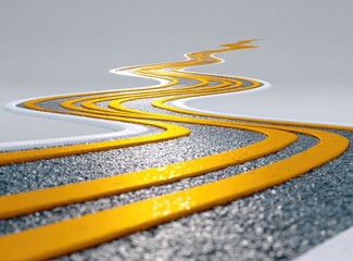 Curving yellow path with gray edge, textured surface on white. Perspective view
