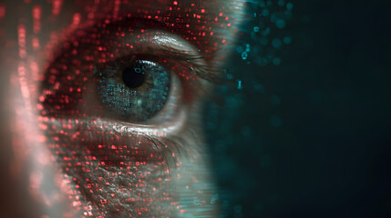 A close-up of a human eye with digital code projected onto it