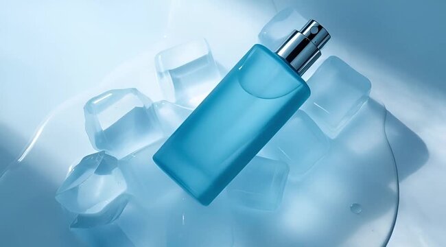 Elegant blue fragrance bottle resting on sparkling ice cubes, evoking a refreshing and cool scent experience