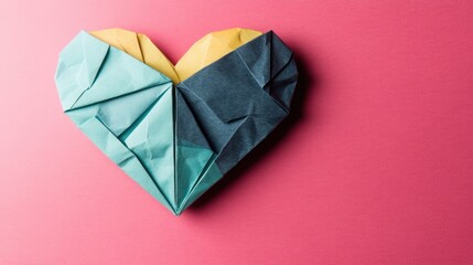 Turquoise and yellow paper origami heart on pink background with copy space. St. Valentine's day concept. Symbol of love, romance and passion