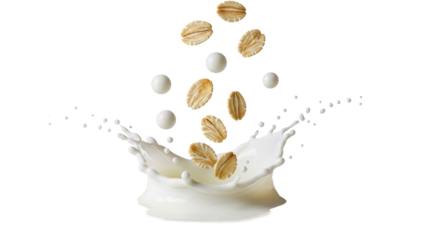 Raw oat flakes falling into transparent milk, dynamic splash, swirl, translucent droplets mid-air, macro close-up on white background, high-speed photo, concept of freshness