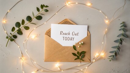 Cozy Invitation Card with Message to Reach Out Surrounded by Greenery and Soft Lighting for Thoughtful Connections