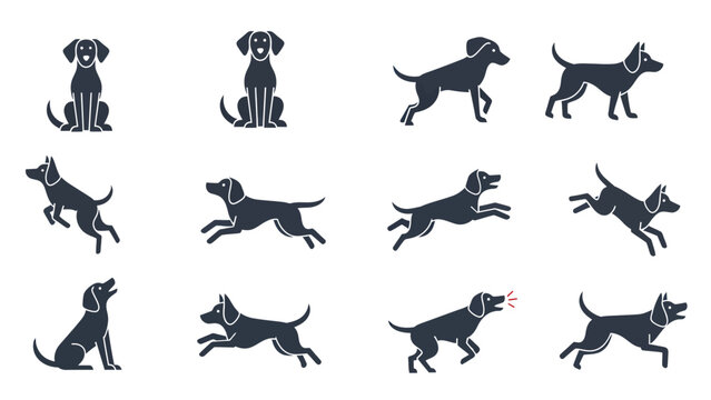 Vector icons Collection of Black Dog Silhouettes in Various Poses and Actions. EPS Editable
