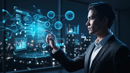 A businessman interacts with a futuristic interface displaying data analytics and graphs - Powered by Adobe