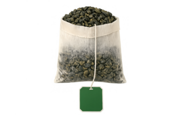 Green tea bag with a blank green tag, filled with dried tea leaves, promoting healthy beverages and wellness