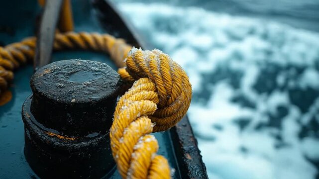 Nautical Rope Secured to a Bollard on a Moving Ship.