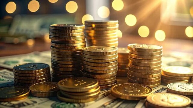 Stacks of golden coins and paper currency create a financial wealth concept.