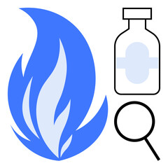 Naklejka premium Blue flame representing energy and transformation, medicine bottle symbolizing health, magnifying glass indicating research. Ideal for innovation, science, energy, healthcare, analysis, medicine