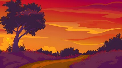 Picturesque countryside sunset with rolling hills