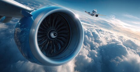 Airplane engine close-up with distant plane above a cloudy sky at sunrise