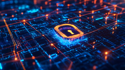 A glowing padlock icon on a futuristic circuit board represents digital security and protection