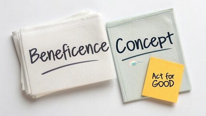 Handwritten Notes Featuring Beneficence and Concept Alongside a Sticky Note Promoting Acts of Goodness